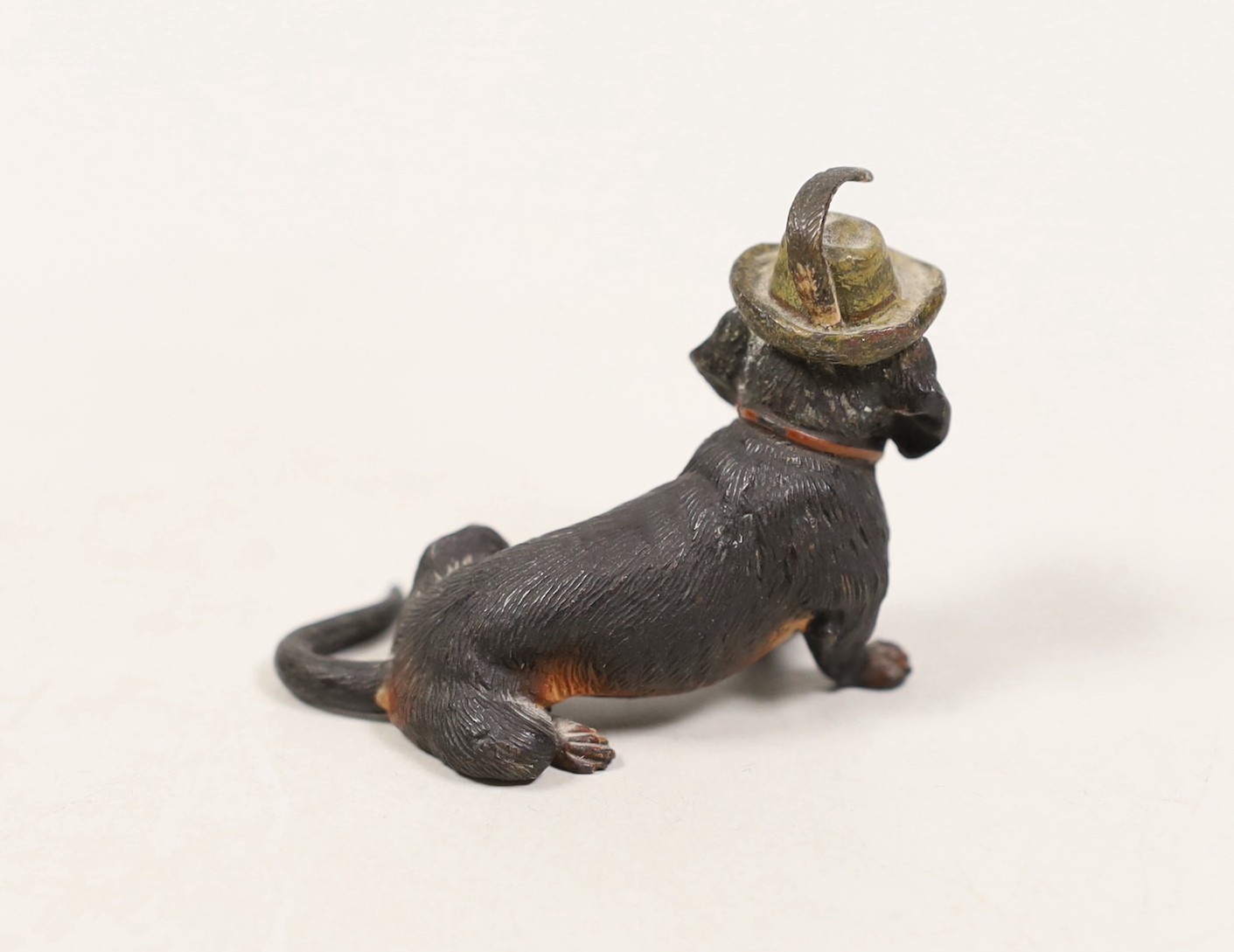 An Austrian cold painted bronze of a seated Dachshund wearing a hat